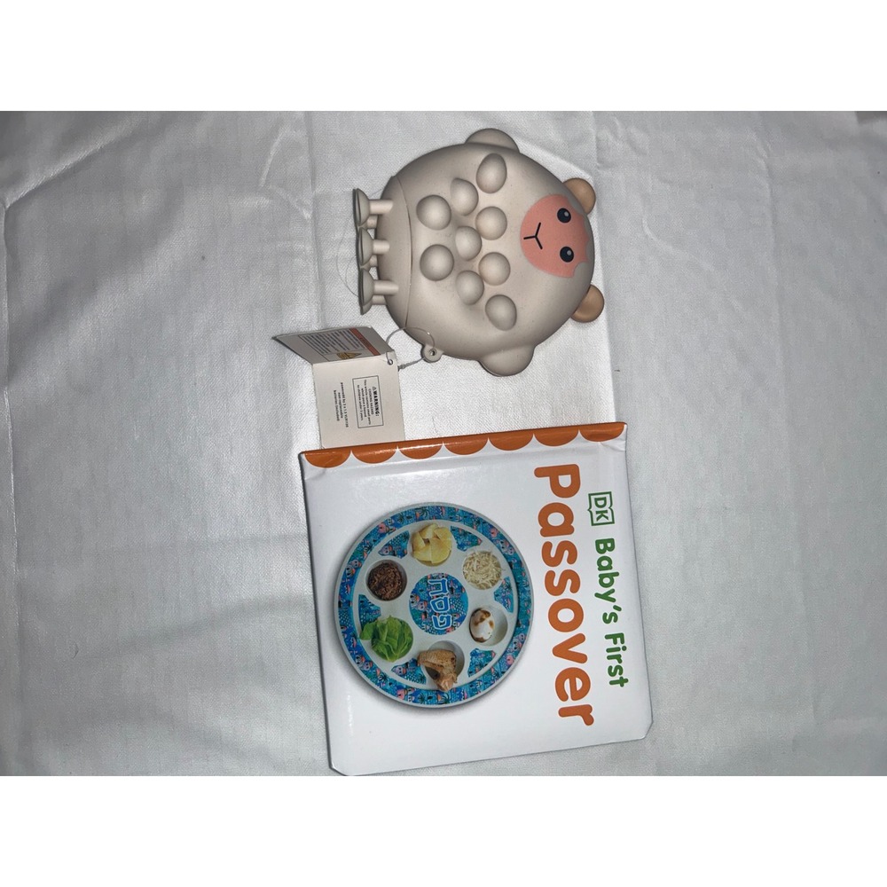 DK Baby's First Passover Board Book and Sheep Light Up Popper Silicone Toy Set